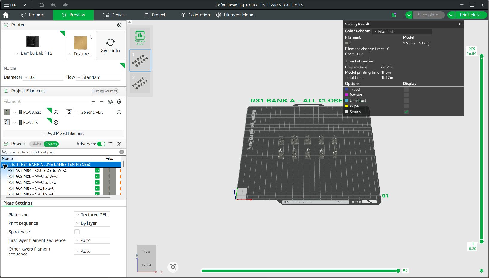 Actual Bambu Studio screenshot of R31 Plate 1 all closed, sliced with ten separate objects